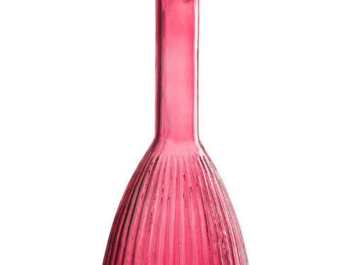Karaf Stintund van rood glas met slank silhouet en elegante ribbelstructuur