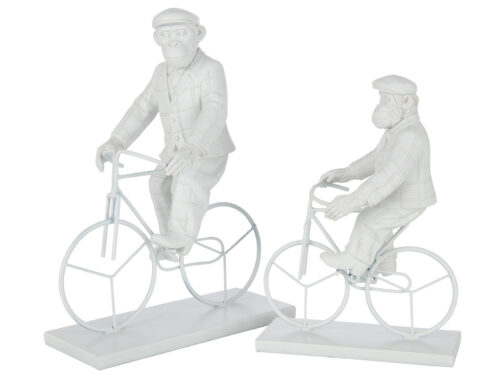 Woonaccessoire Ventano wit polyresin: twee apen op een fiets, speels decoratief object met strakke afwerking
