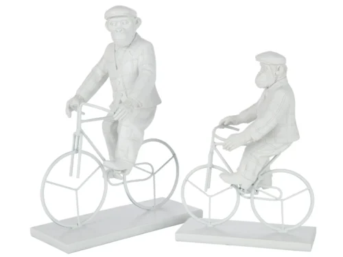 Woonaccessoire Ventano wit polyresin: twee apen op een fiets, speels decoratief object met strakke afwerking