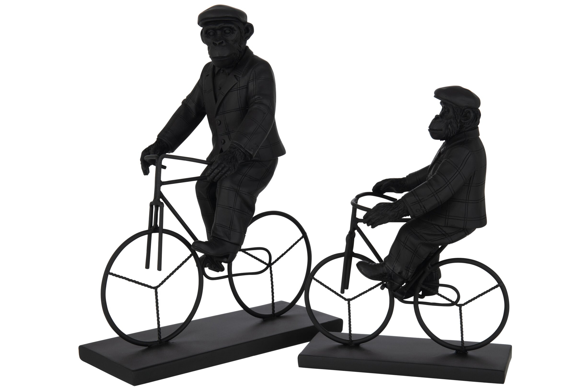 Beeld Preinsas zwart polyresin: twee apen op fietsen op zwarte voet, 33 cm hoog