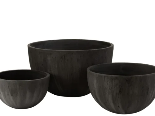 Set van 3 zwarte Slaulo bloempotten van steenpoeder, ronde vorm, strak en robuust design, H46 cm
