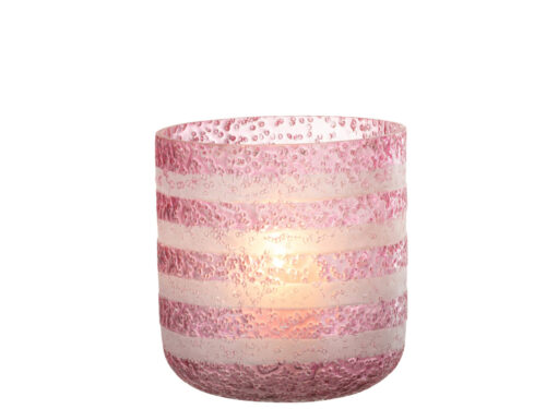 Roze Hurricaneglas Monterey glazen kaarsenhouder met getextureerd design en zachte sfeerverlichting