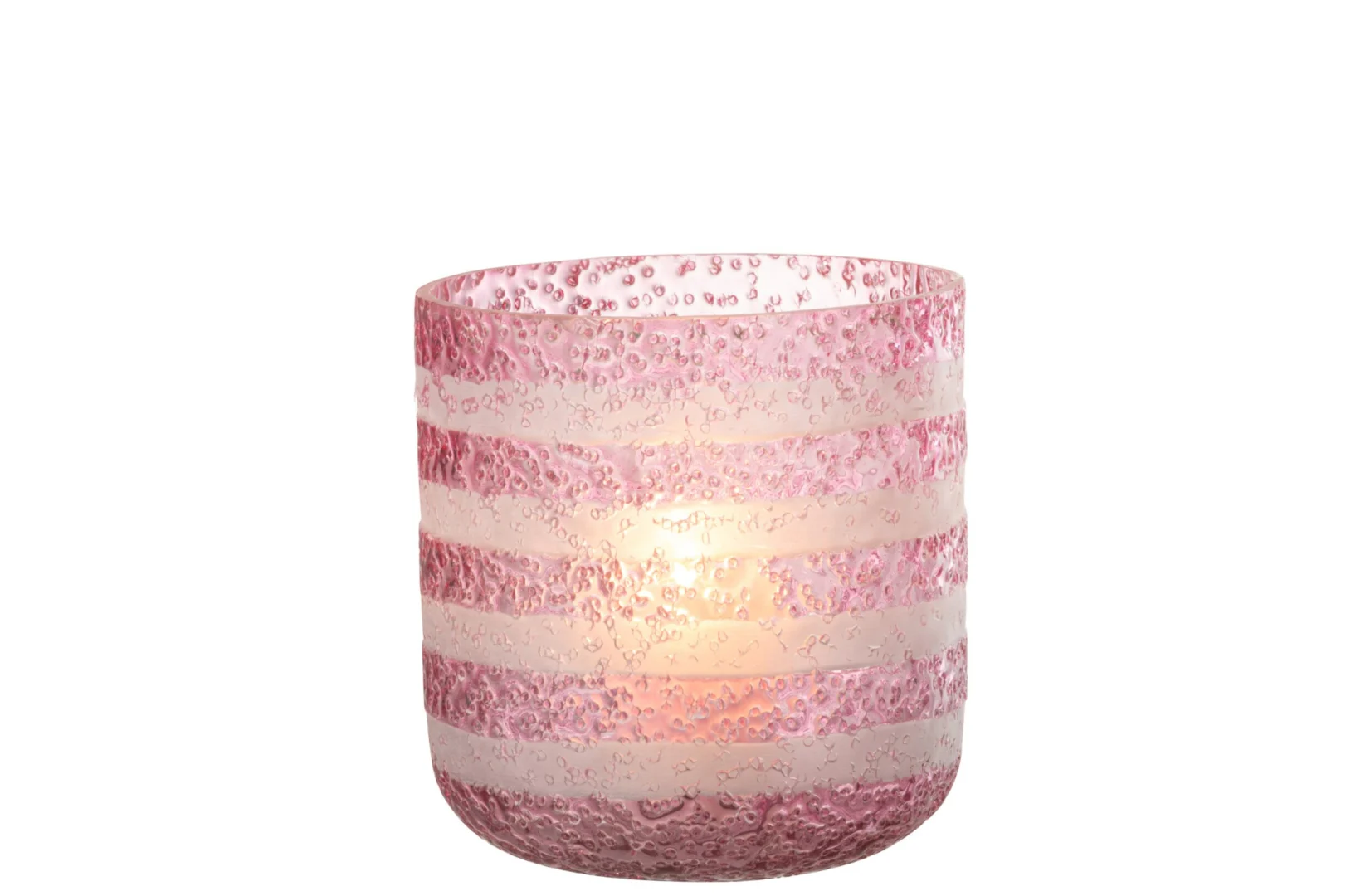 Roze Hurricaneglas Monterey glazen kaarsenhouder met getextureerd design en zachte sfeerverlichting