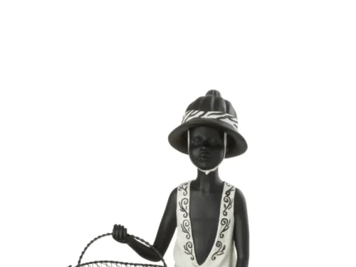 Mand Stavanger meerkleurig beeld van zittend figuur met mand, decoratief woonaccessoire in zwart-wit houtlook