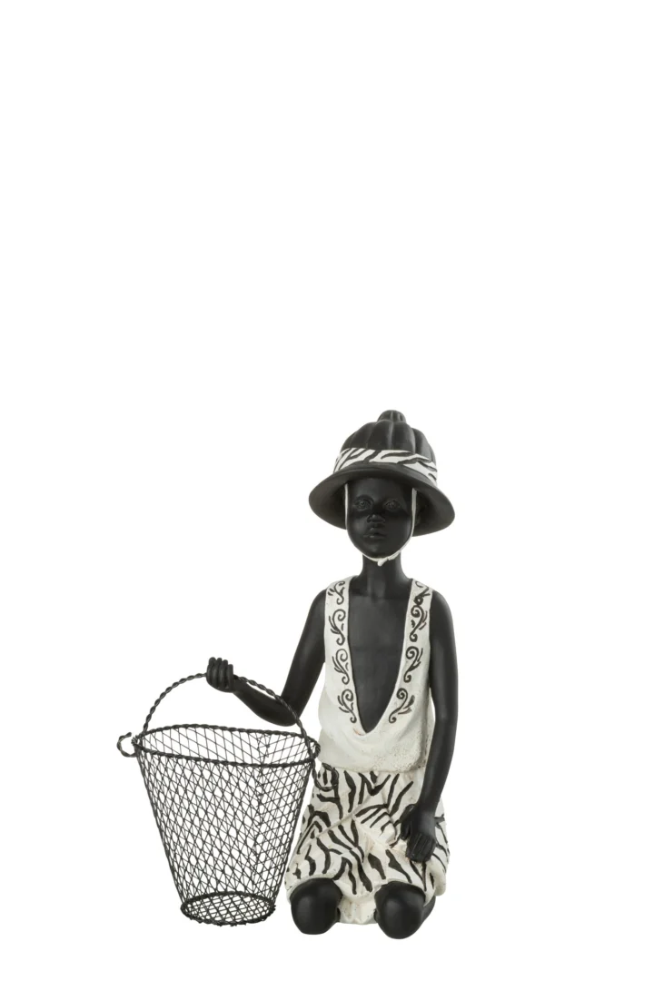 Mand Stavanger meerkleurig beeld van zittend figuur met mand, decoratief woonaccessoire in zwart-wit houtlook