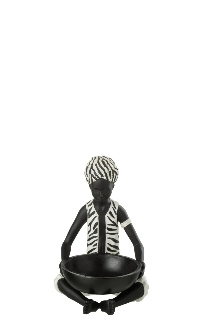 Beeld Ceisan meerkleurig polyester van 26 cm, zittend decoratief figuur met zwart-wit patroon en schaal