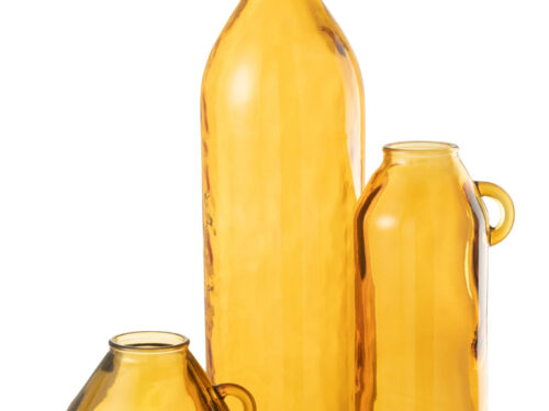 Vaas Fleessas glas geel, cilindervormig en 75 cm hoog, met drie handgrepen en warme amberkleur