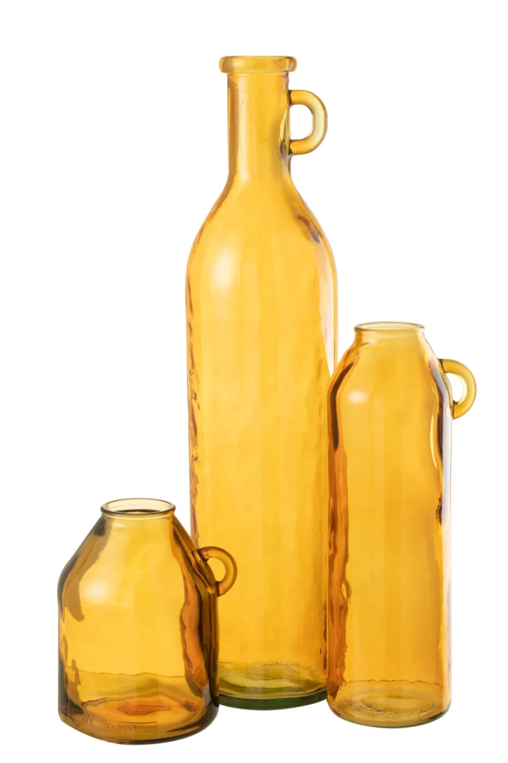 Vaas Fleessas glas geel, cilindervormig en 75 cm hoog, met drie handgrepen en warme amberkleur