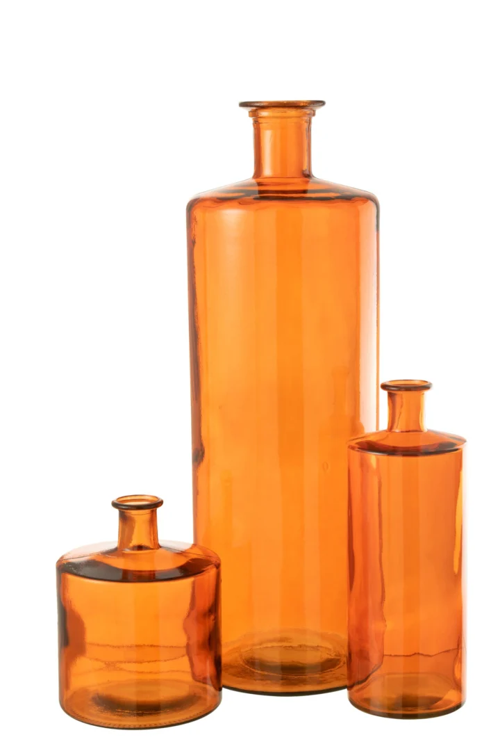 Vaas Jindura glas rood, hoge brede vorm met drie elegante amberkleurige glazen vazen