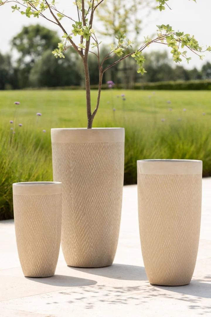 Vaas Keibar beige set van 3 hoge ronde vazen voor binnen en buiten, 72 cm, met luxe reliëfstructuur