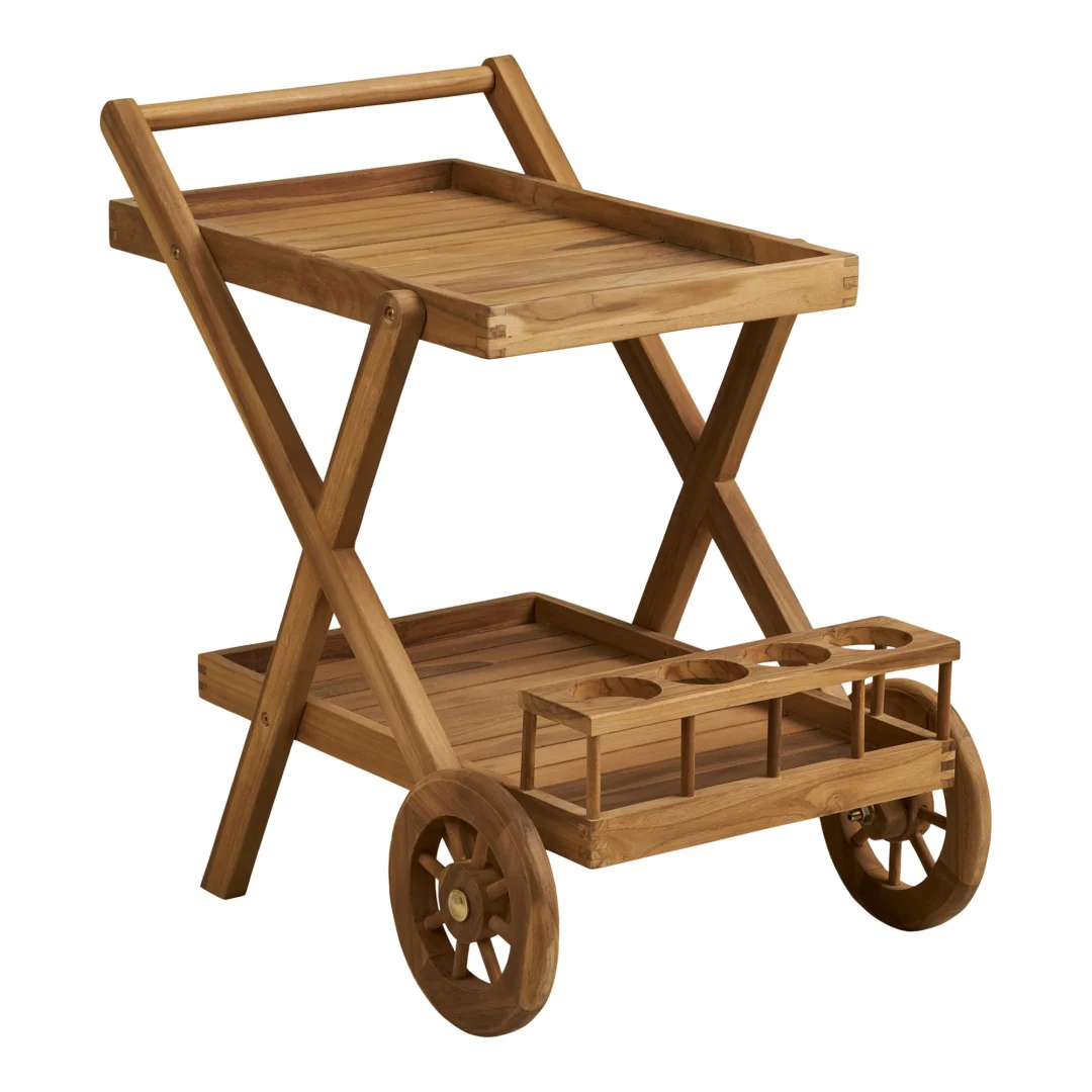 Theewagen Ushuaia Teak Naturel met 2 planken en wielen, warm naturel houten design