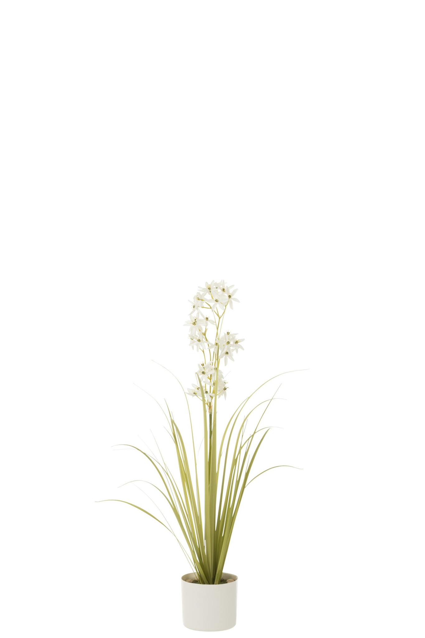 Pot Jodil PVC wit H92 cm kunstplant met slanke groene bladeren en witte bloemen in witte pot