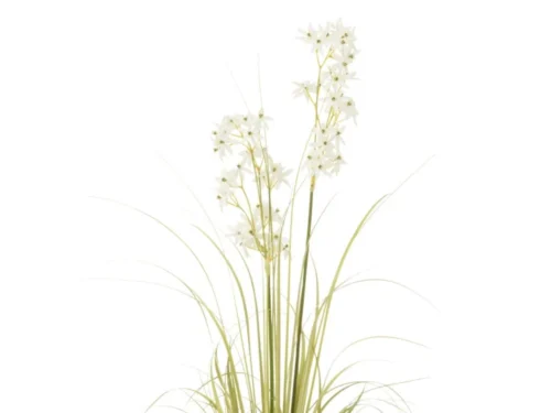Pot Ziemonte PVC wit H116 cm met slanke witte sierpot en fijne grassprieten met witte bloesems
