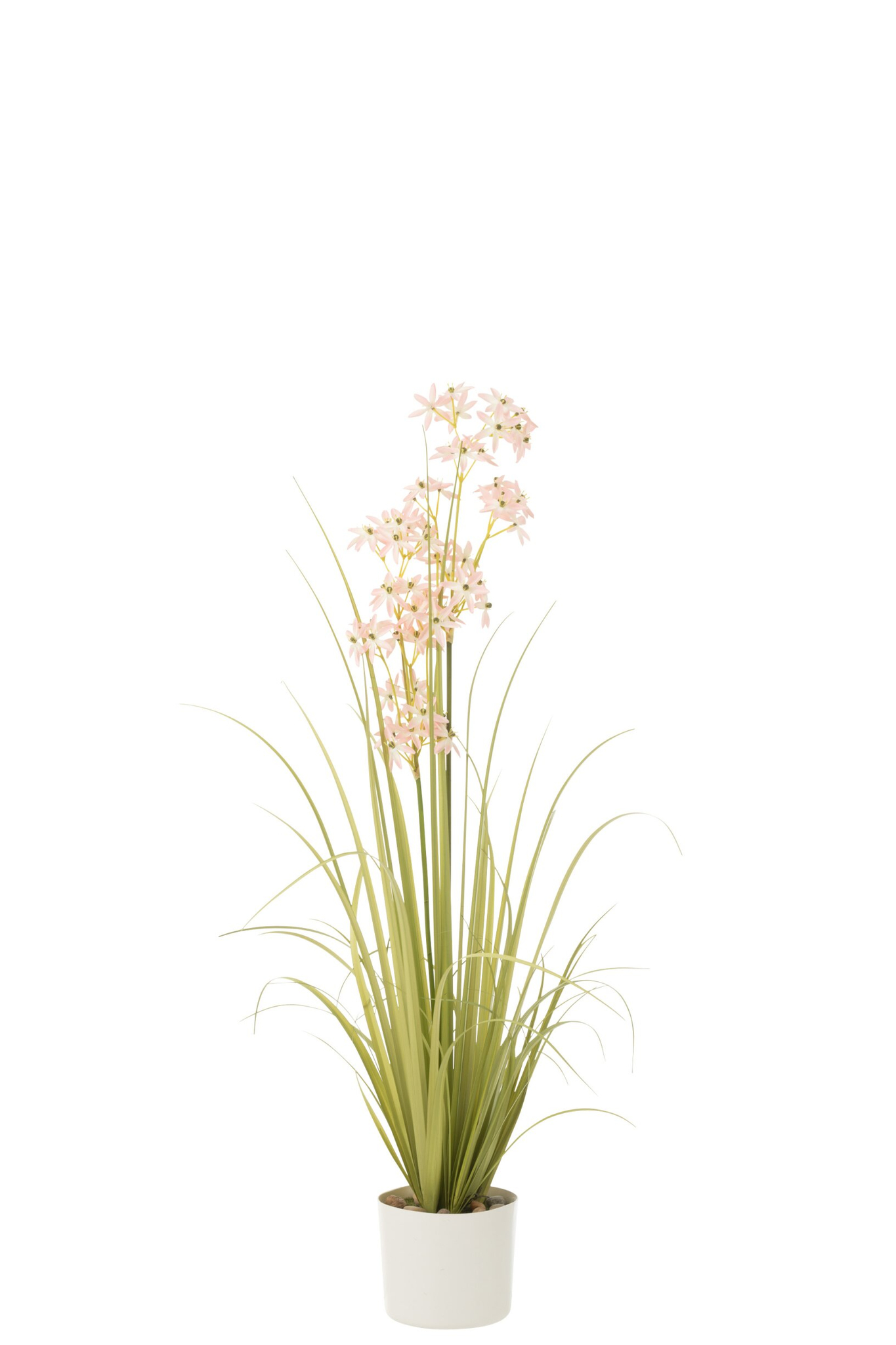 Roze Allium-kunstplant in witte pot, 116 cm hoog, met slanke groene bladeren en luchtige bloemtakken