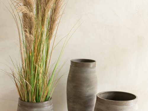 Droogbloemen Bordis PVC groen met vijf pluimen in pot, natuurlijke pampaslook in zachte beige en groentinten