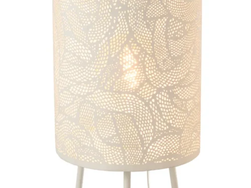 Lamp Nauntin Wit, witte geperforeerde metalen vloerlamp met sfeervolle lichtval en slanke poten
