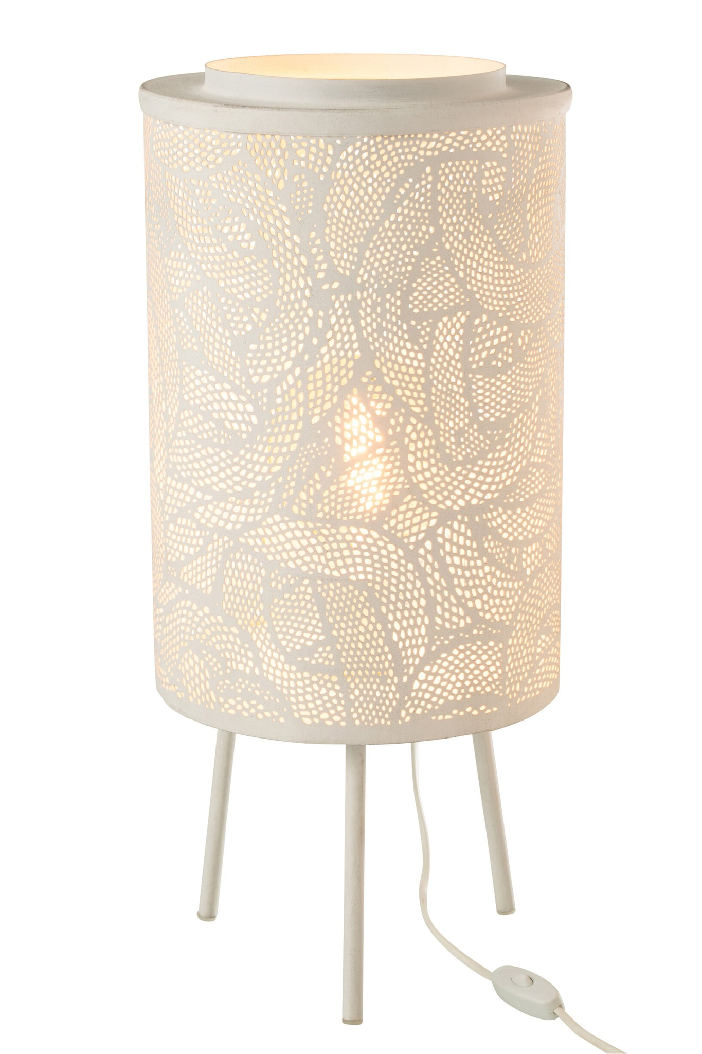 Lamp Nauntin Wit, witte geperforeerde metalen vloerlamp met sfeervolle lichtval en slanke poten