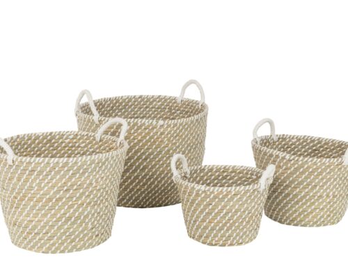 Mand Flordas Zeegras Naturel set van 4, ronde opbergmanden met handvatten in naturel en wit