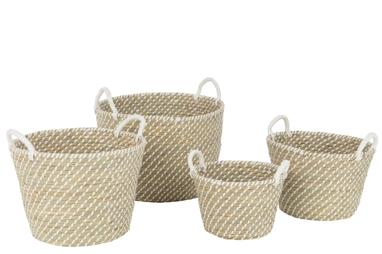 Mand Flordas Zeegras Naturel set van 4, ronde opbergmanden met handvatten in naturel en wit