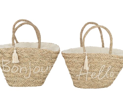 Set van 2 Tas Feemmas zeegras strandtassen naturel met Bonjour/Hello detail en kwastje
