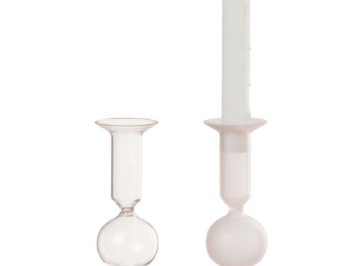 Skemone glazen kandelaars set van 2 in lichtroze, 21 cm hoog, slank en elegant met bolvormige voet