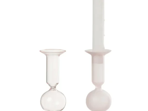 Skemone glazen kandelaars set van 2 in lichtroze, 21 cm hoog, slank en elegant met bolvormige voet