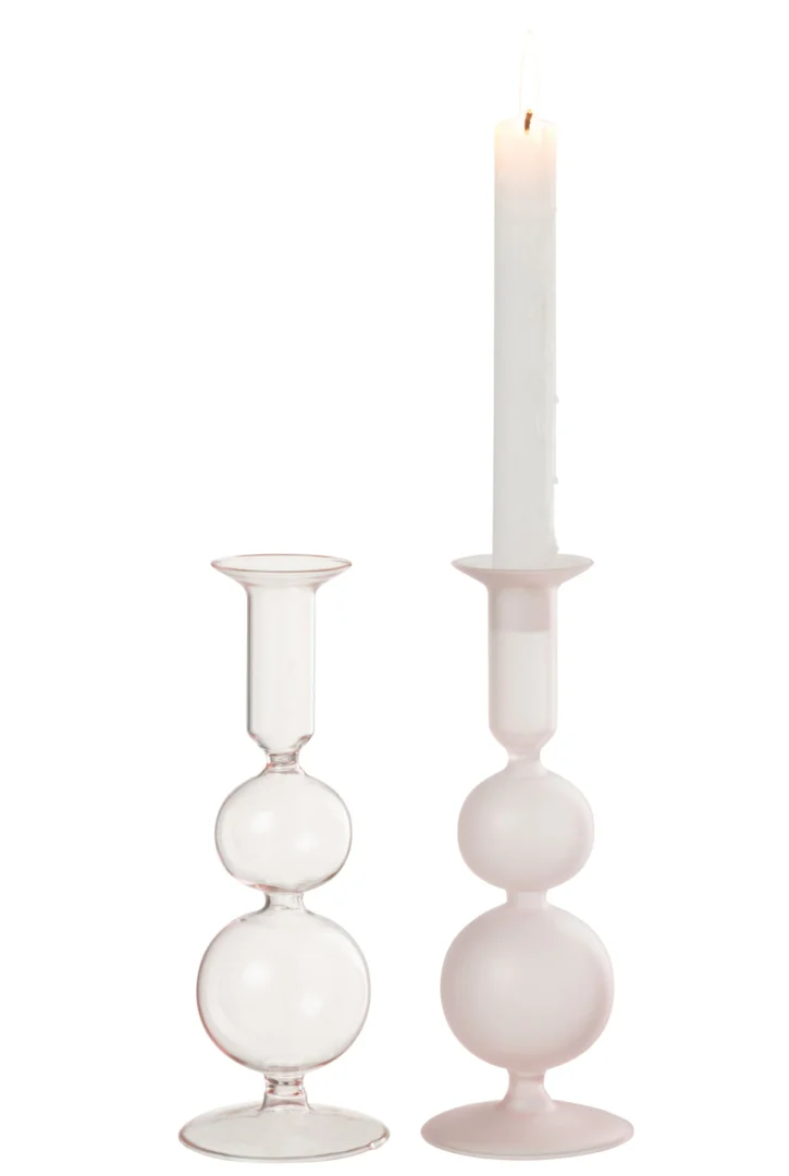 Skemone glazen kandelaars set van 2 in lichtroze, 21 cm hoog, slank en elegant met bolvormige voet