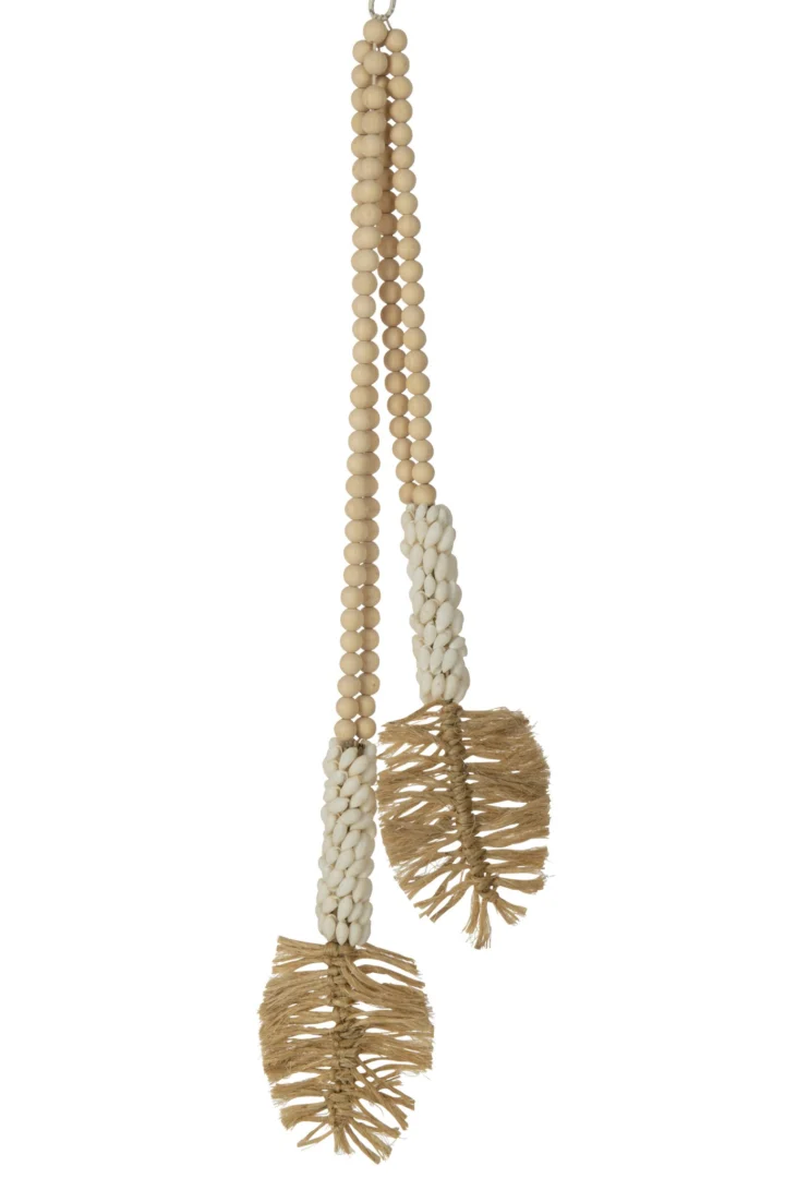 Decoratiehanger Suva Schelp Naturel met houten kralen, witte schelpen en raffia bladeren