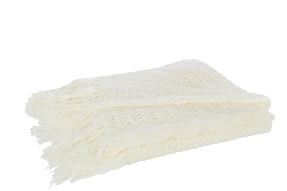 Plaid Traru Wit, gebreide witte plaid van 100% acryl met zachte structuur en franjes