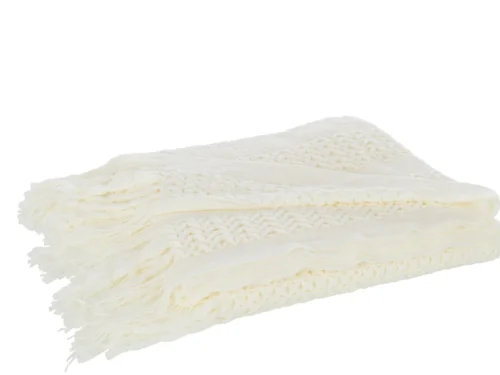 Plaid Traru Wit, gebreide witte plaid van 100% acryl met zachte structuur en franjes