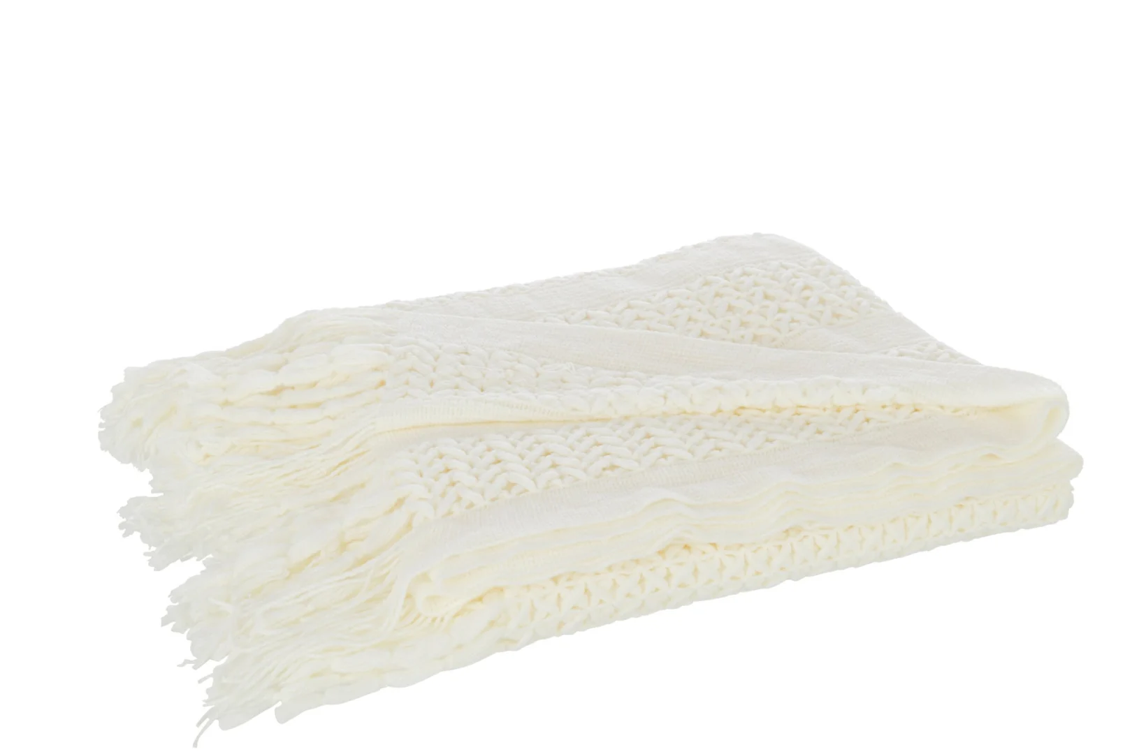 Plaid Traru Wit, gebreide witte plaid van 100% acryl met zachte structuur en franjes