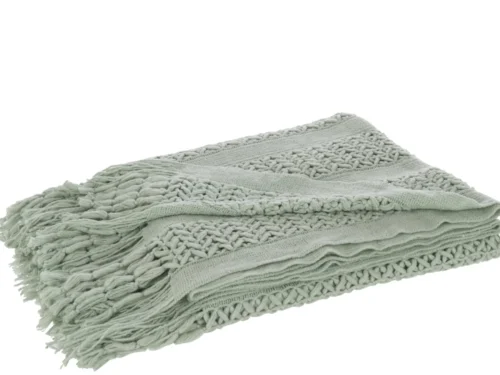 Plaid Feeskol Groen, lichtgroene gebreide plaid met franjes en grove structuur van 100% acryl