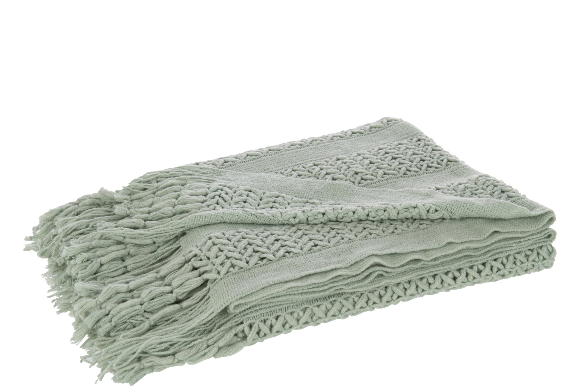 Plaid Feeskol Groen, lichtgroene gebreide plaid met franjes en grove structuur van 100% acryl