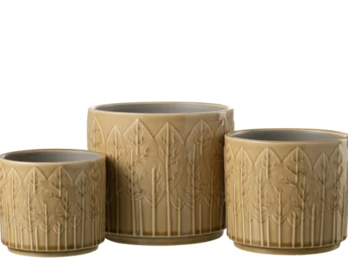 Breeny beige keramieken bloempot met reliëf en compacte ronde vorm, set van drie maten op witte achtergrond