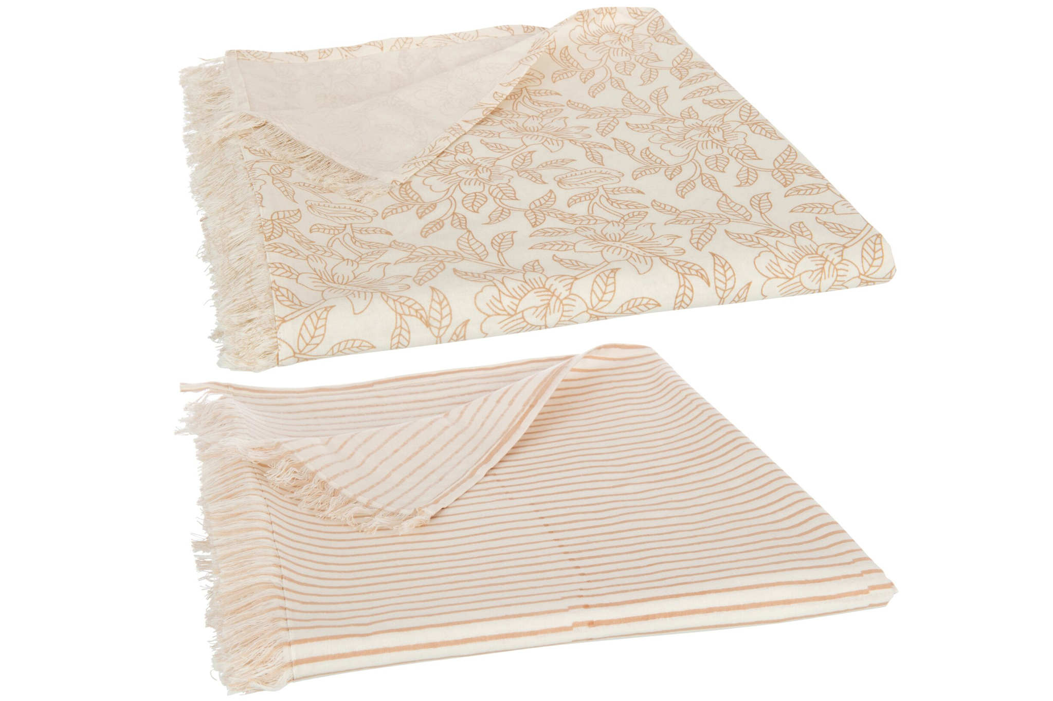 Tafelkleed Indi set van 2, katoen met beige bloemen- en streepprint en franjes