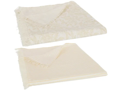 Tafelkleed Flieldine beige set van 2, 100% katoen met franjes en subtiel dessin