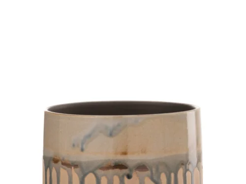 Bloempot Peinsella keramiek beige met blauwgrijze drips, compacte ronde vorm en stabiele uitstraling