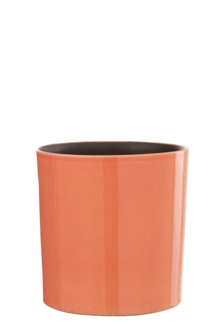 Roze keramische bloempot Slinsaro H21 cm, glanzend en compact met brede cilindervorm