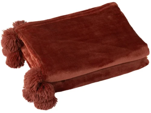 Plaid Kosil rood met pompons, zacht polyester woonaccessoire voor bank of bed