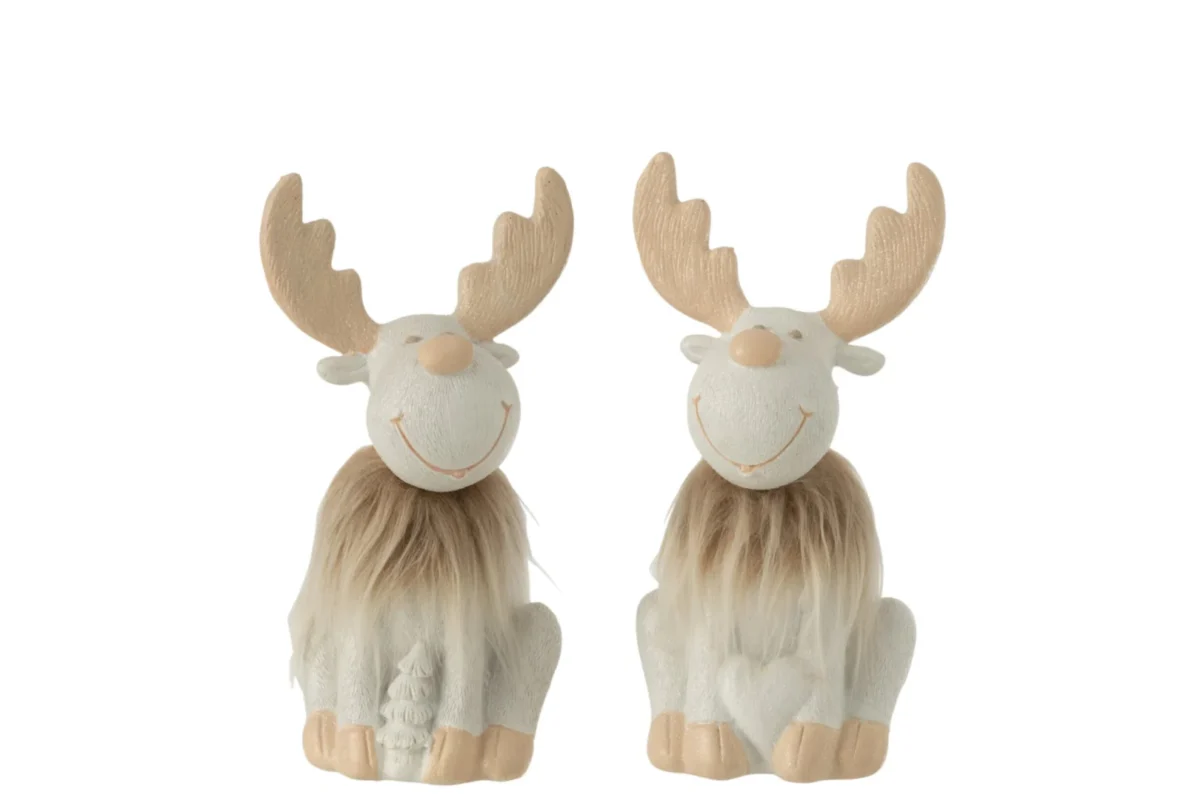 Decoratiefiguur Chania set van 2 rendieren in polyresin, meerkleurig met zachte winterse uitstraling