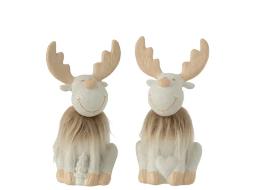 Decoratiefiguur Chania set van 2 rendieren in polyresin, meerkleurig met zachte winterse uitstraling