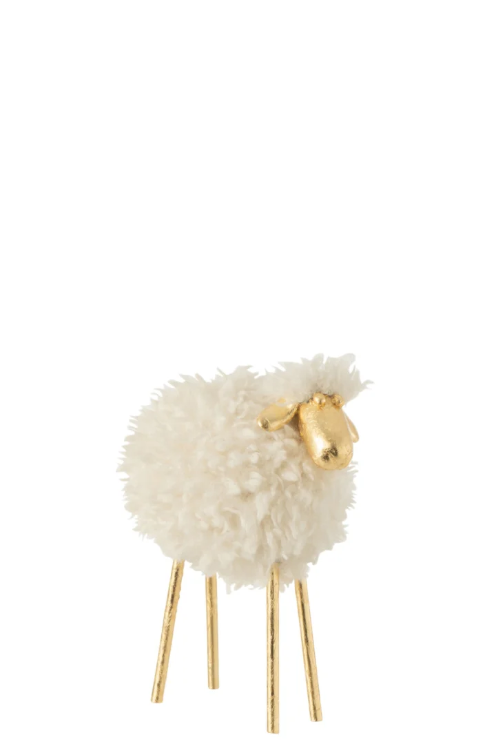 Skundora decoratiefiguur schaap met witte vacht en gouden poten, 25 cm hoog, meerkleurig metaal
