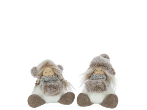 Beeld Kleelvol set van 2 zittende meisjes met bontmutsen, meerkleurig polyester, winters en sfeervol
