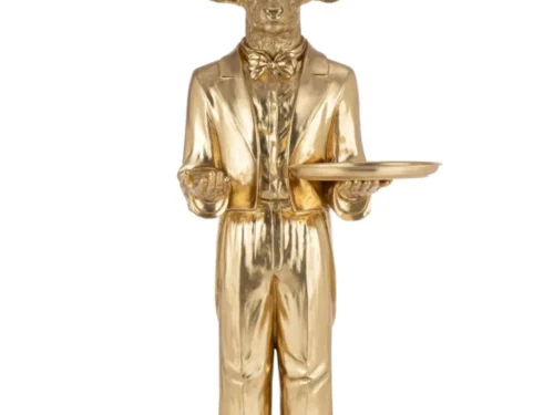 Gouden decoratiefiguur Nandund van polyresin, hert in pak met dienblad als opvallend woonaccessoire