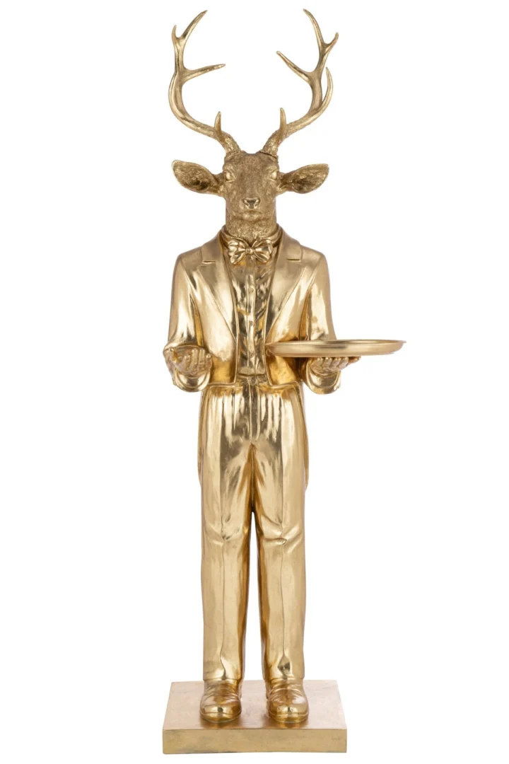 Gouden decoratiefiguur Nandund van polyresin, hert in pak met dienblad als opvallend woonaccessoire