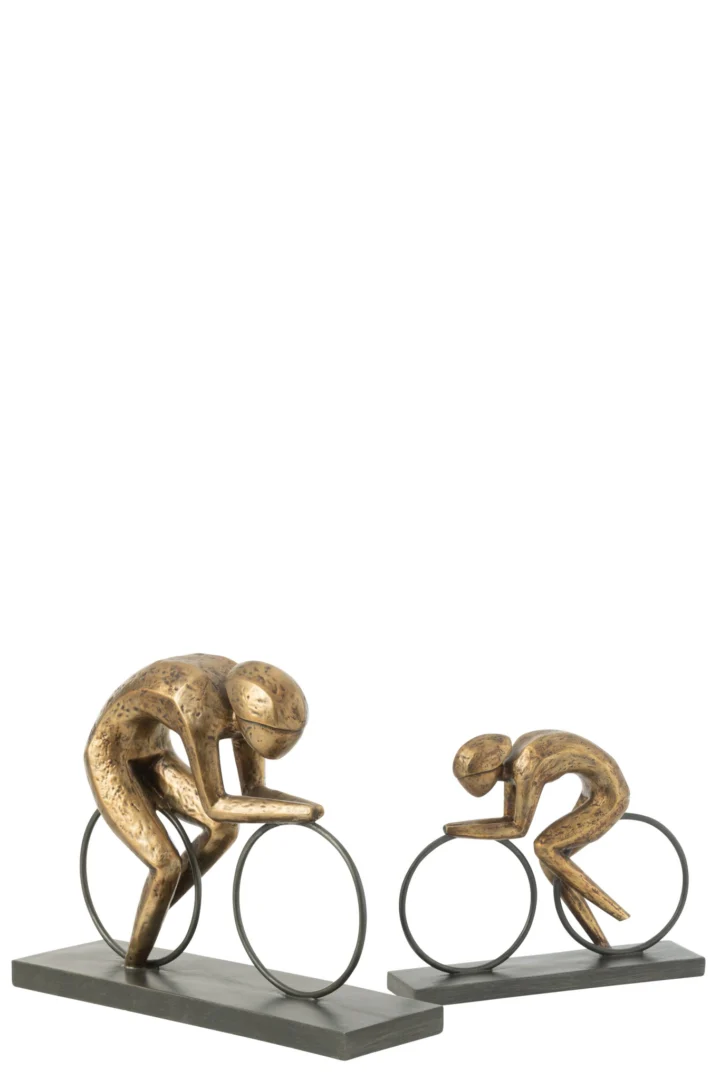 Beeld Stievis goudkleurig: twee abstracte fietsers op zwarte sokkel, slank en stijlvol woonaccessoire H29,5 cm