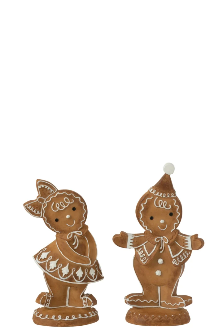 Beilvane bruin beeldenset van 2 peperkoekfiguren, jongen en meisje, winterse decoratie H21,5 cm