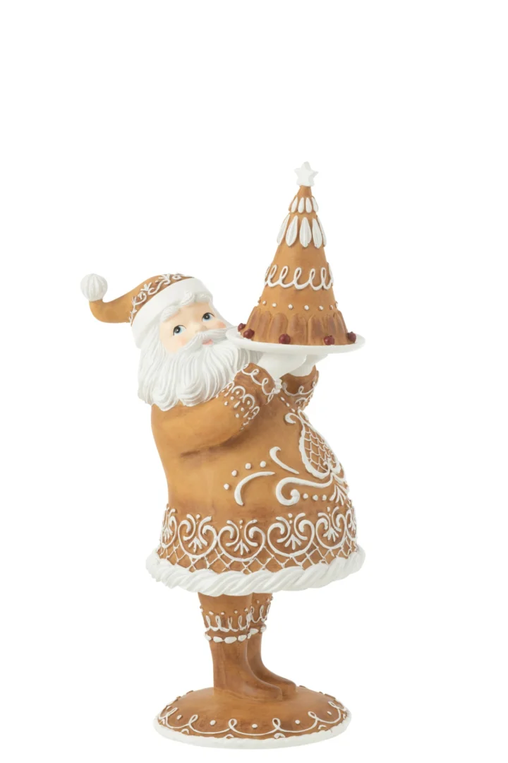 Decoratiefiguur Udine Bruin H43 cm, kerstman in peperkoekstijl met witte details en taart op schaal