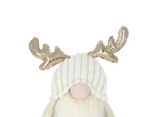 Decoratiefiguur Breirea kabouter met witte muts, goud gewei en lange baard, meerkleurig polyester H42 cm