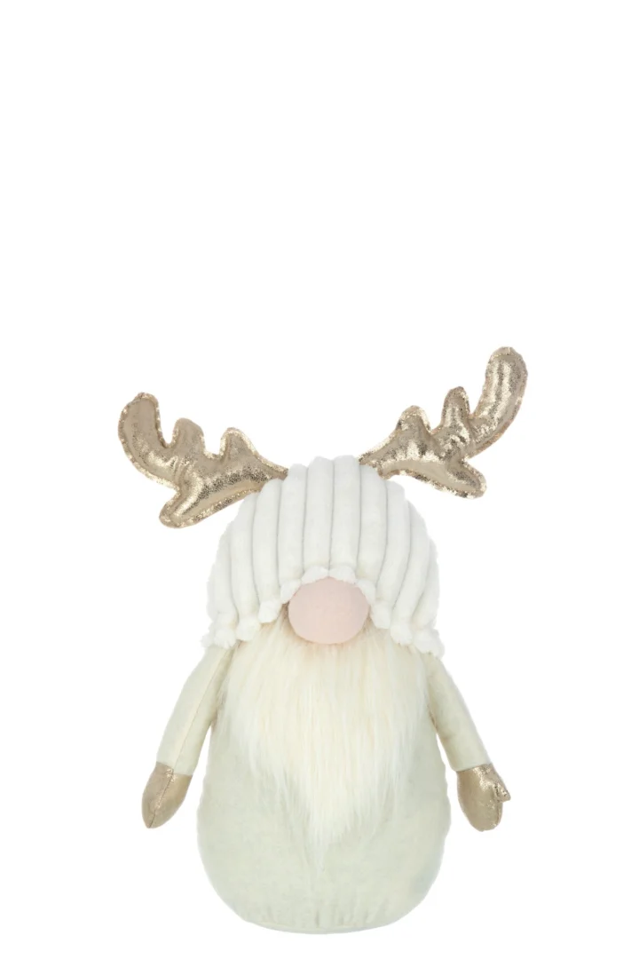 Decoratiefiguur Breirea kabouter met witte muts, goud gewei en lange baard, meerkleurig polyester H42 cm